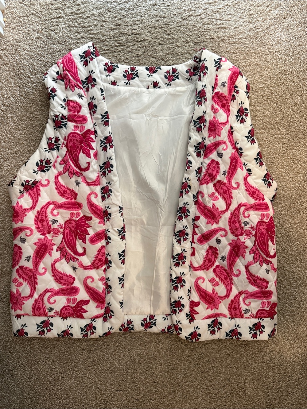 Amazon-Women's White Quilted Vest with Pink Paisley Print